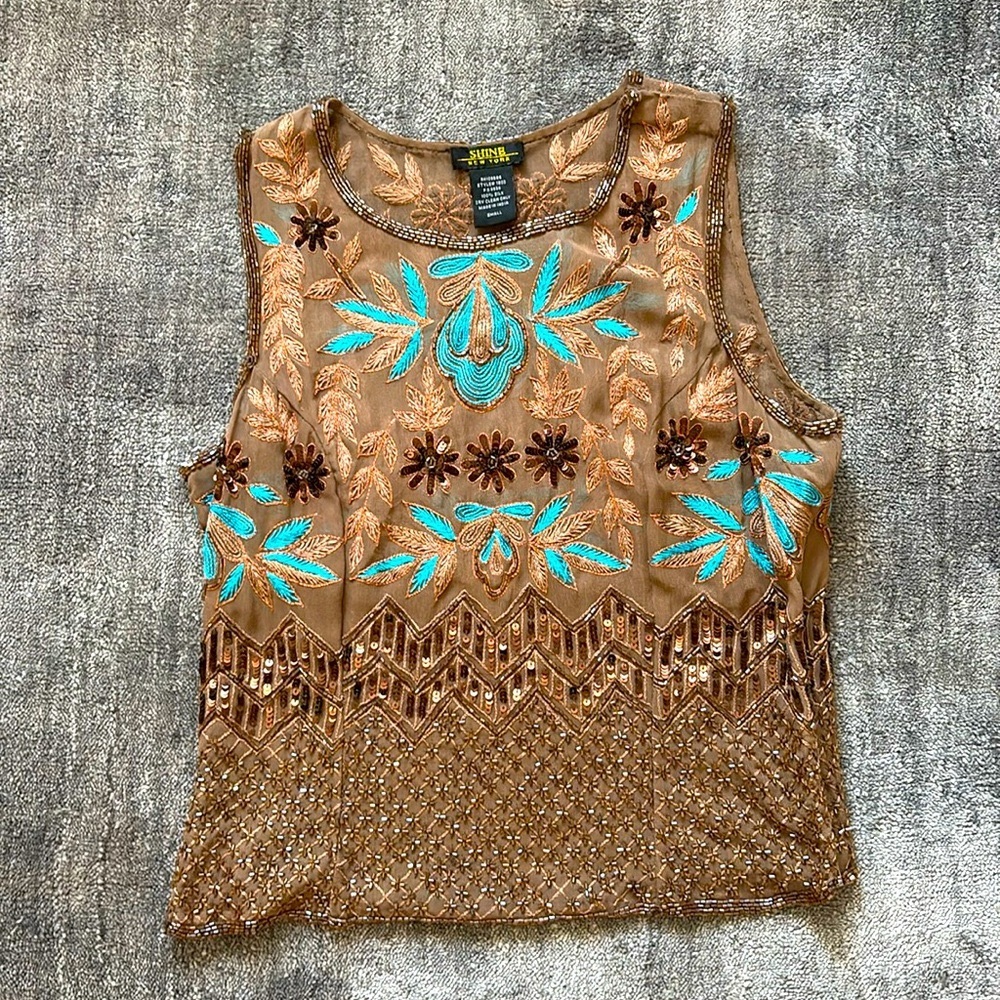 Embellished Brown Tan Cropped Tank Top